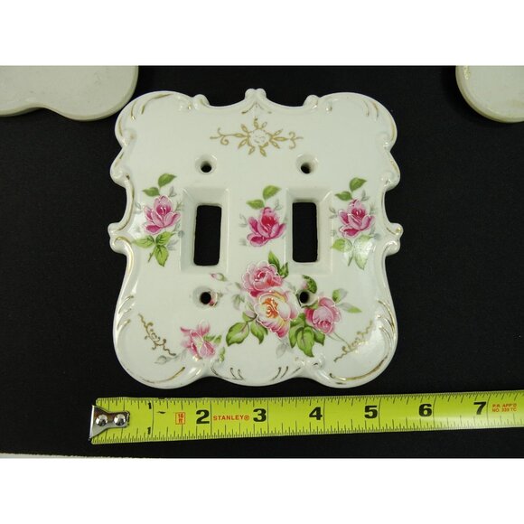 VIntage MCM Double Light Switch Cover Plates Lot Ceramic Floral Pink Purple - Picture 10 of 11